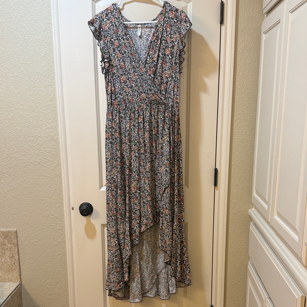 Floral Ruffled High-Low Faux Wrap Dress